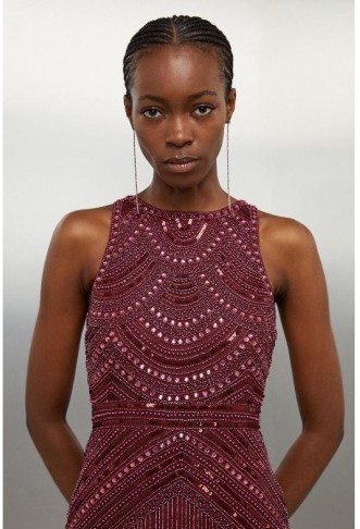 Burgundy Halter Neck Beaded And Embellished Woven Fringed Mini Dress