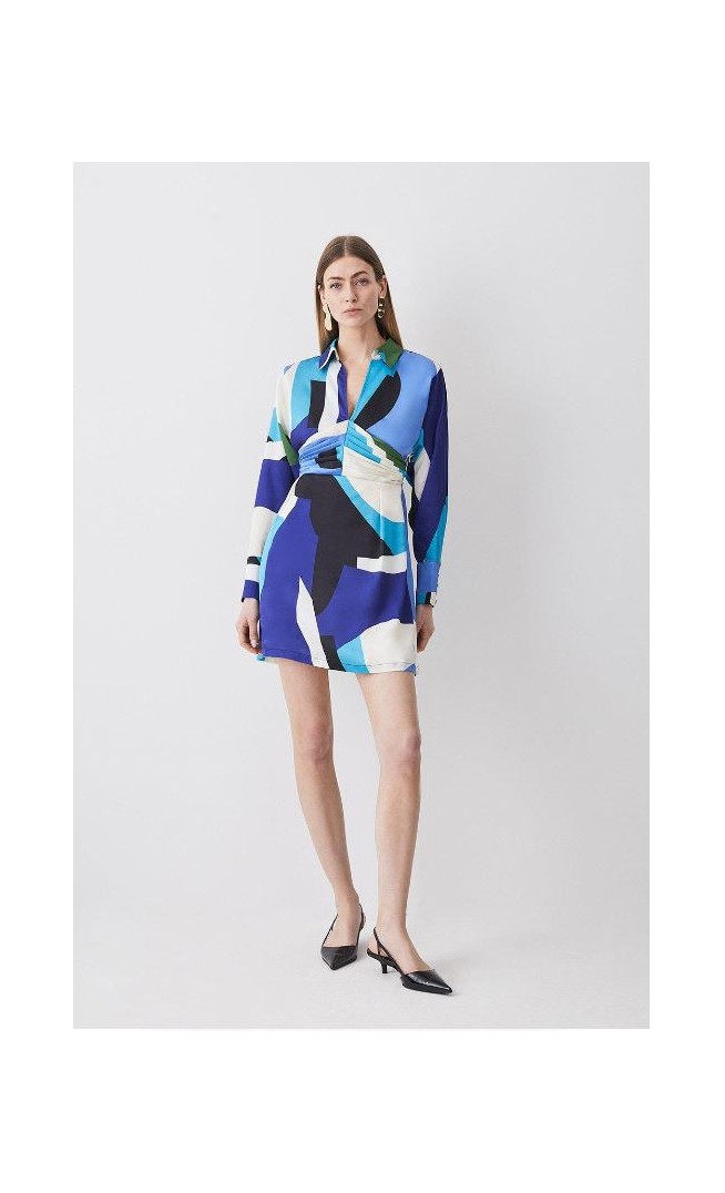 Blue Abstract Colour Block Draped Satin Mini Dress