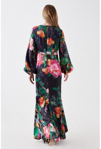 Twist Front Long Sleeve Satin Maxi Dress