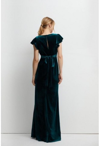 V Neck Ruffle Sleeve Velvet Bridesmaids Dress