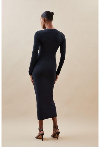 Black Contour Jersey Long Sleeve Crew Neck Midi Dress