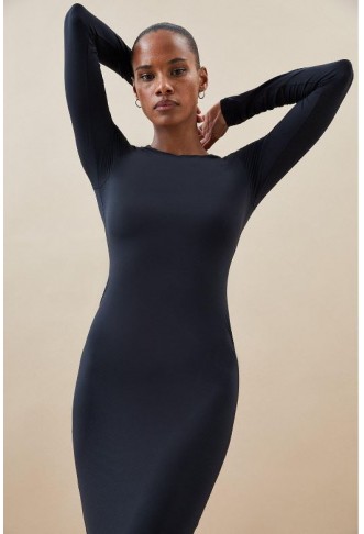 Black Contour Jersey Long Sleeve Crew Neck Midi Dress