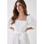 Puff Sleeve Belted Cotton Tiered Midi Dress