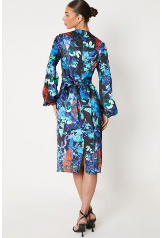 PRINTED WRAP WAIST BLOUSON SLEEVE MIDI DRESS