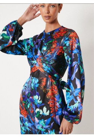 PRINTED WRAP WAIST BLOUSON SLEEVE MIDI DRESS