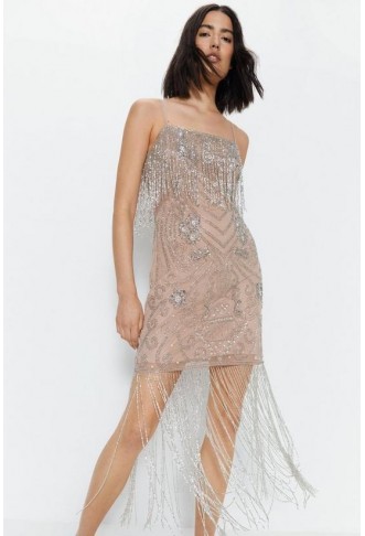 Strappy Fringe Premium Embellished Mini Dress