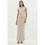 Beaded and Pearl Embellished Cap Sleeve Maxi Dress