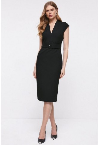 Premium V Neck Pencil Dress With Belt