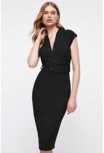 Premium V Neck Pencil Dress With Belt