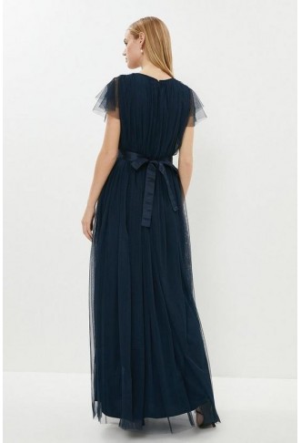 Tulle V-Neck Tie Belt Bridesmaid Maxi Dress