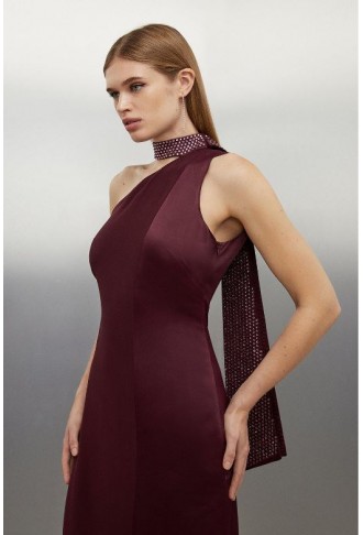 Wine Viscose Satin Back Crepe Embellished Tie Detail Midi Dress