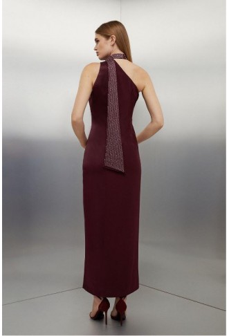 Wine Viscose Satin Back Crepe Embellished Tie Detail Midi Dress