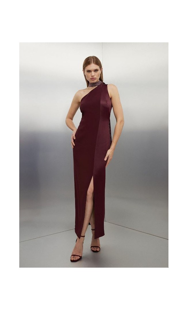 Wine Viscose Satin Back Crepe Embellished Tie Detail Midi Dress