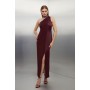 Wine Viscose Satin Back Crepe Embellished Tie Detail Midi Dress