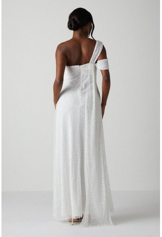 Bardot Asymmetrical Sequin Wedding Dress With Drape