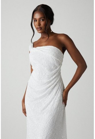 Bardot Asymmetrical Sequin Wedding Dress With Drape