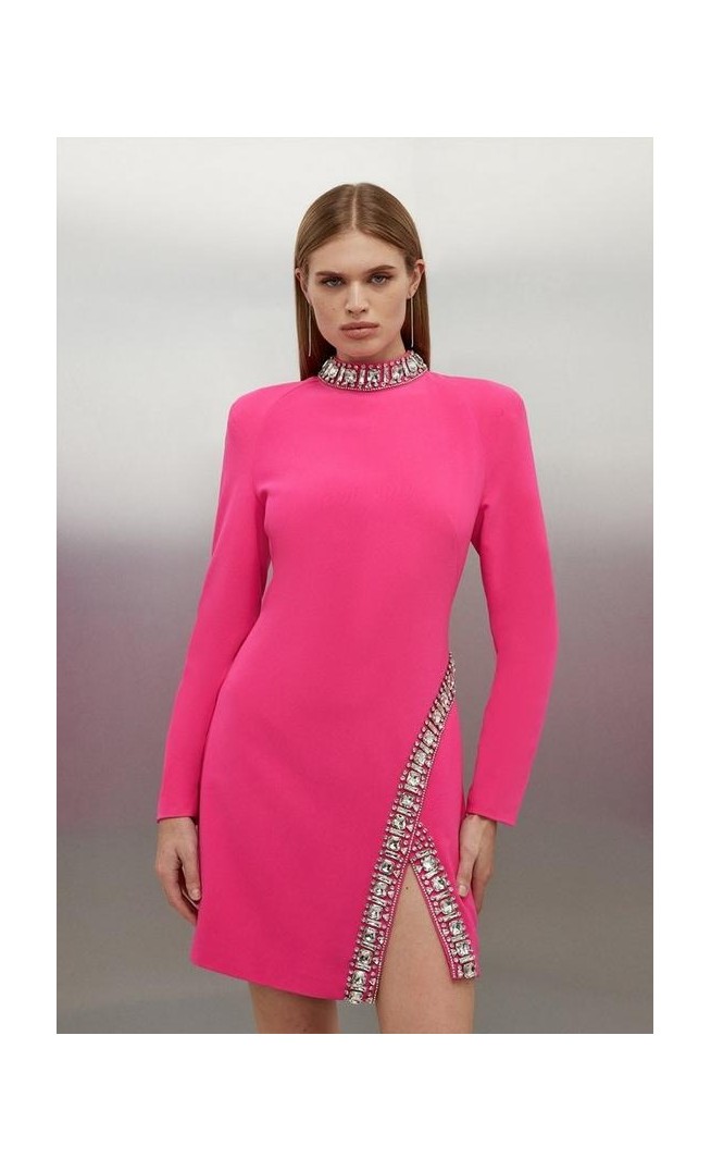 Bright pink Crystal Embellished Woven Long Sleeve Mini Dress