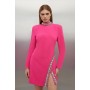 Bright pink Crystal Embellished Woven Long Sleeve Mini Dress
