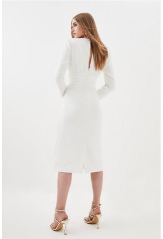 Ivory Twist Waist Long Sleeve Tailored Midi Dress