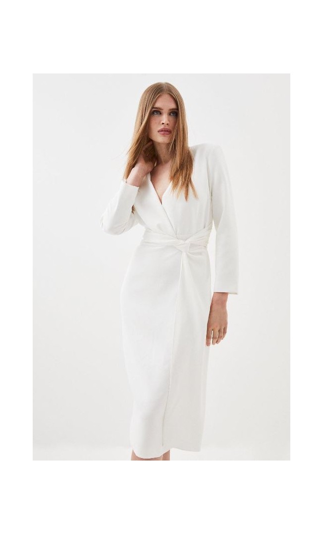Ivory Twist Waist Long Sleeve Tailored Midi Dress