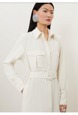 Tailored Crepe Pocket Detail Belted Midi Shirt Dress