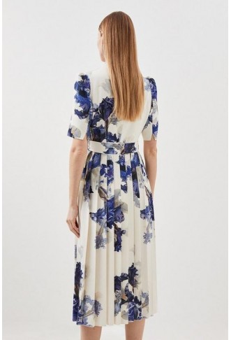 Petite Tailored Crepe Print Detail Pleated Forever Dress