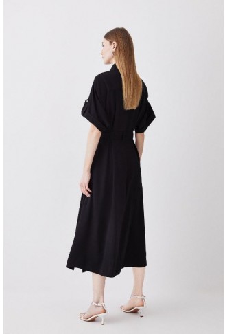 Black Soft Tailored Midi Short Sleeve Shirt Dress