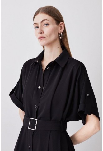 Black Soft Tailored Midi Short Sleeve Shirt Dress