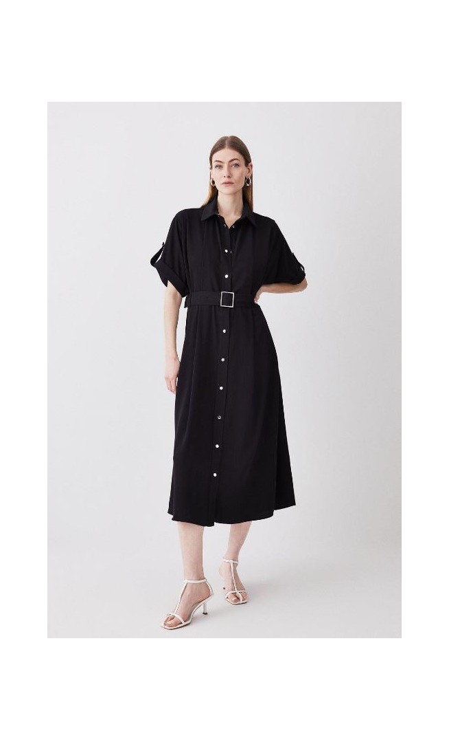 Black Soft Tailored Midi Short Sleeve Shirt Dress