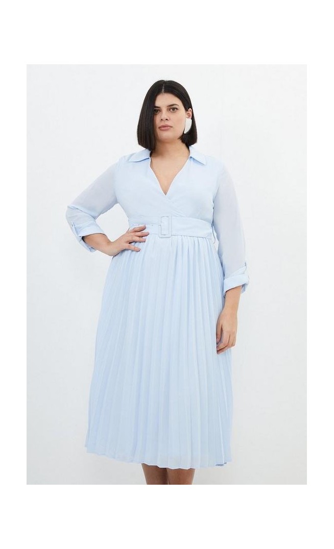 Plus Size Georgette Woven Belted Pleated Midi Dress