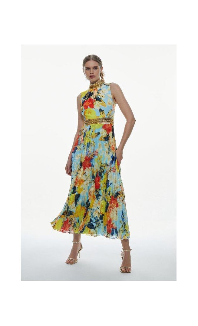 Yellow Diamante Trim Infinity Floral Peat Skirt Midi Dress