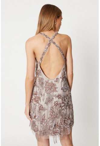 Cross Back Fringe Embellished Mini Dress