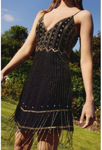 Bronze Beaded Swing Slip Mini Dress