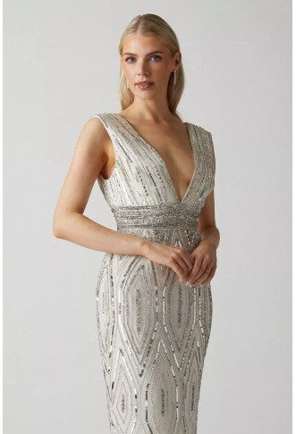 Art Deco Plunge Beaded Wedding Dress