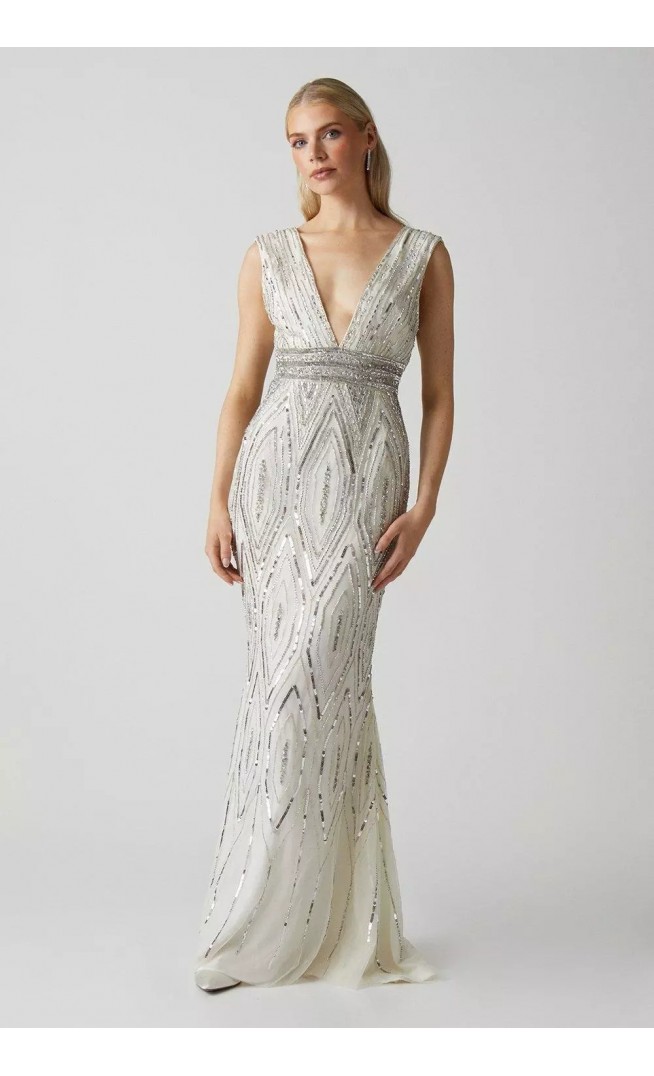 Art Deco Plunge Beaded Wedding Dress