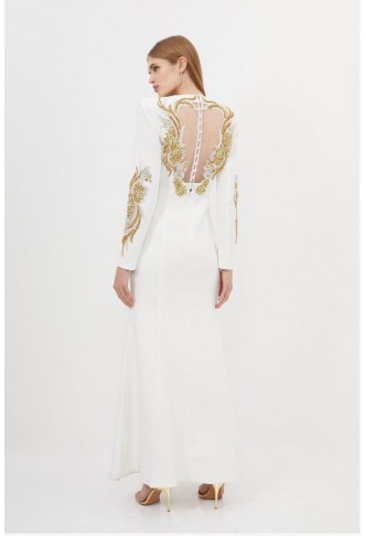 Petite Premium Crystal Powershoulder Embellished Woven Maxi Dress