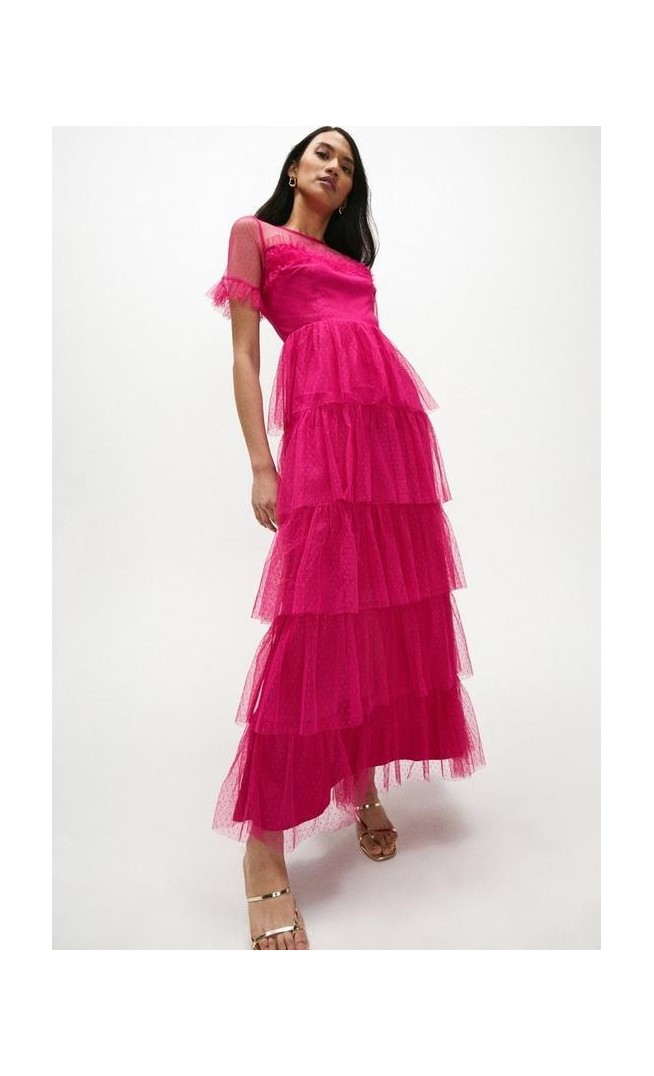 COAST RUFFLE TIER SKIRT SHORT SLEEVE MAXI DRESS, PINK