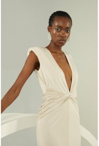 Jersey Crepe Draped Plunging Midi Dress