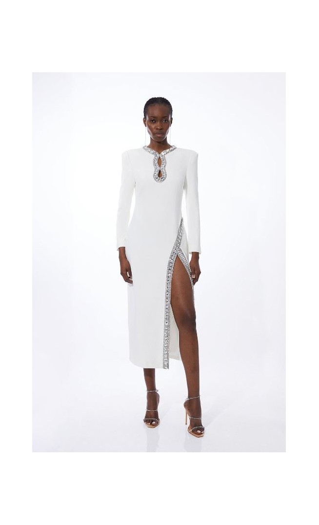 Cut Out Crystal Embellished Woven Midi Dress