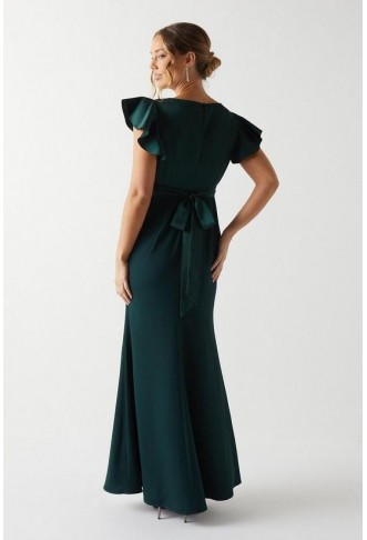 V Neck Angel Sleeve Satin Bridesmaids Dress