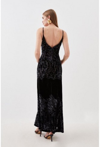 Black Placed Velvet Devore Strappy Woven Maxi Dress