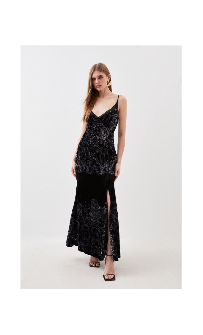 Black Placed Velvet Devore Strappy Woven Maxi Dress