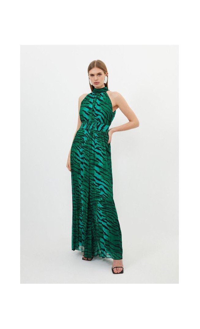 Green Petite Wild Tiger Printed Georgette Woven Jumpsuit