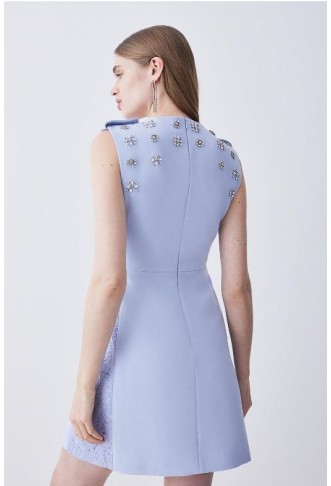 Blue Crystal Embellished Lace Mix Mini Dress
