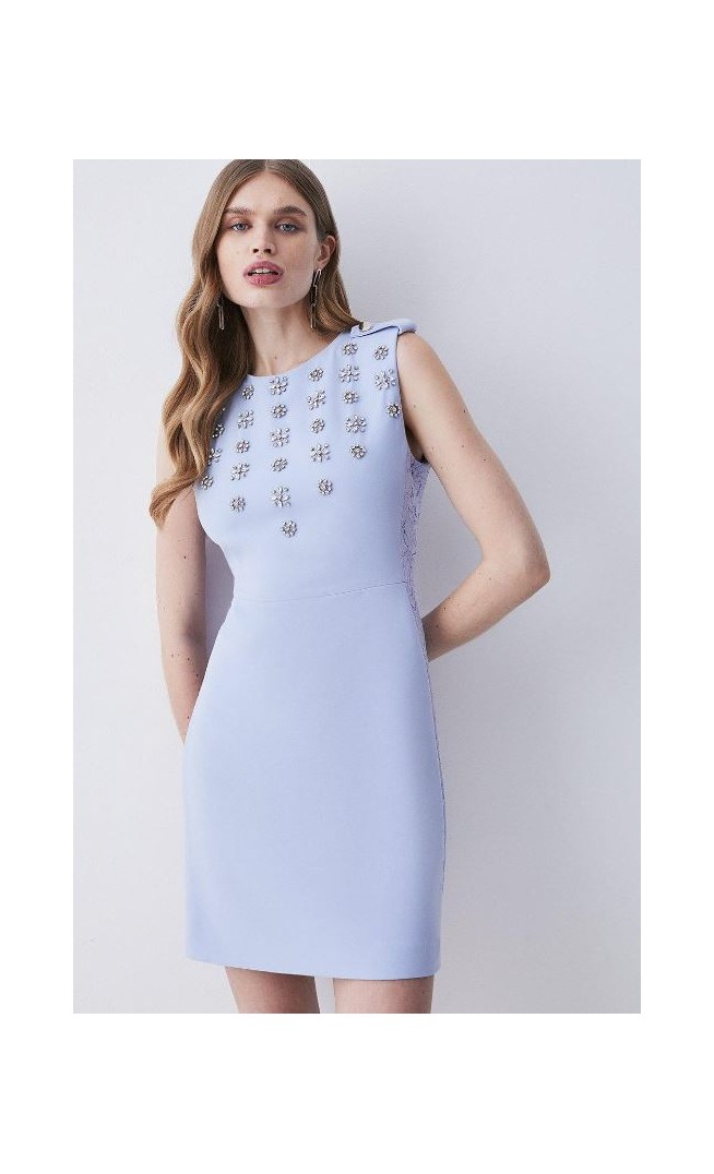 Blue Crystal Embellished Lace Mix Mini Dress