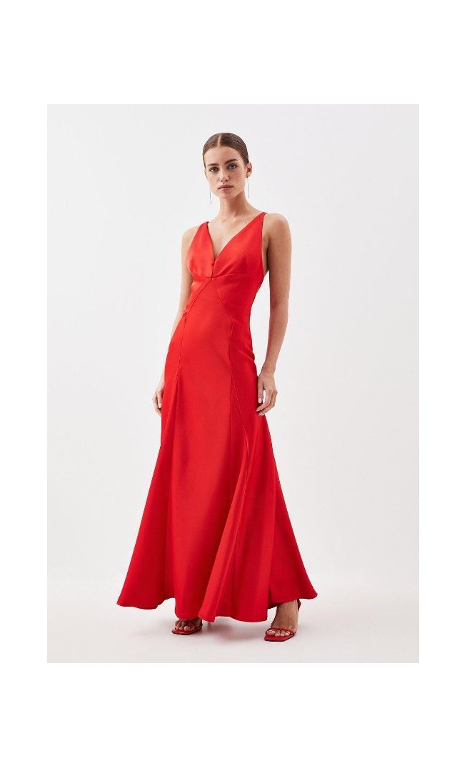 Red Petite Premium Satin Panelled Woven Maxi Dress
