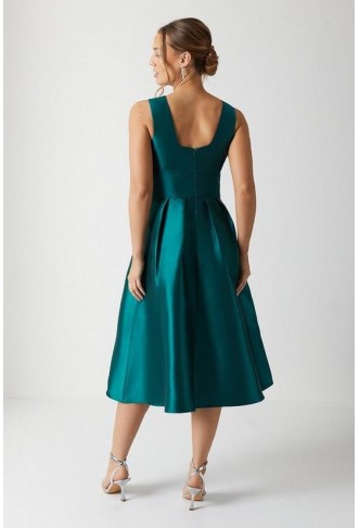 Plunge Neck Structured Twill Midi Dress