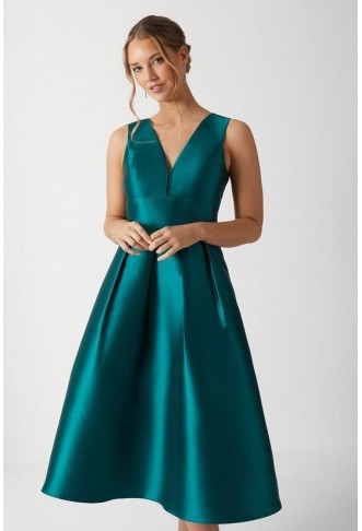 Plunge Neck Structured Twill Midi Dress