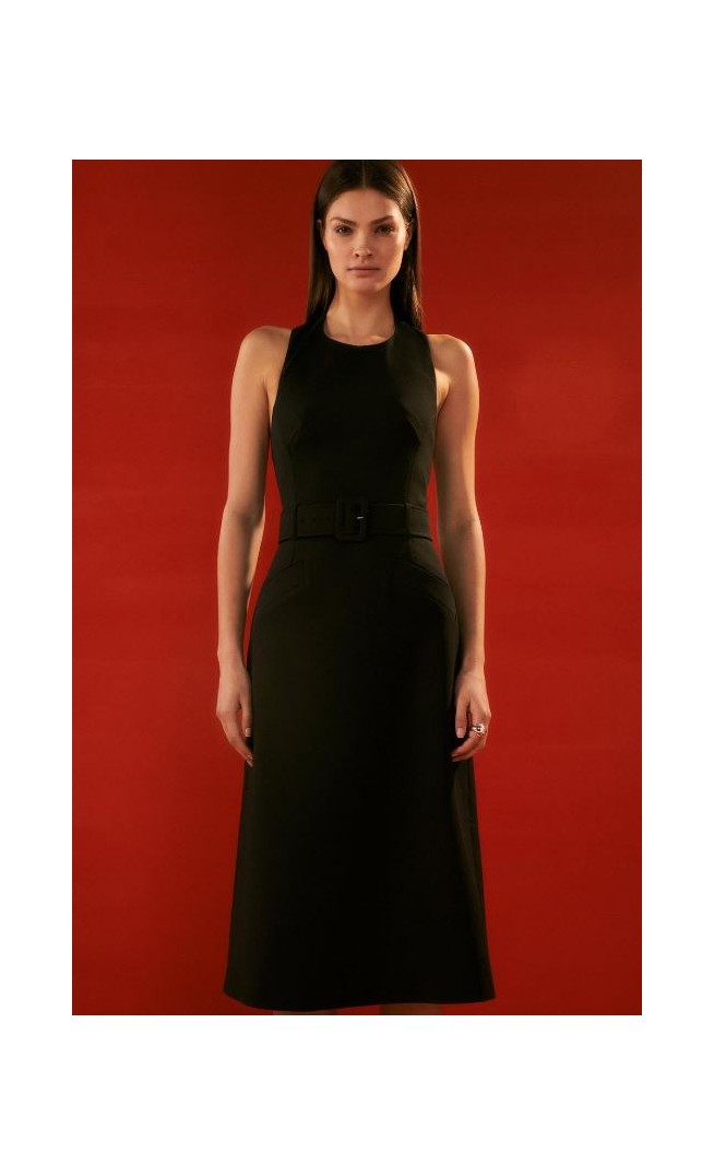 Black The Founder Tall Compact Stretch Belted Aline Midi Dress