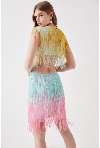 Beaded Fringe Colourblock Mini Dress